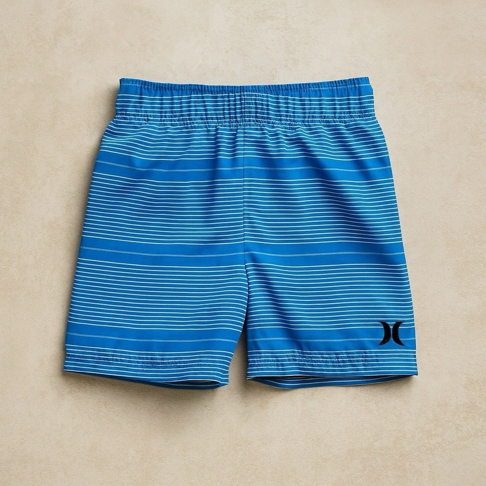 Hurley Baby Boy Swim Trunks 12M Blue White Striped Board Shorts Elastic Waist